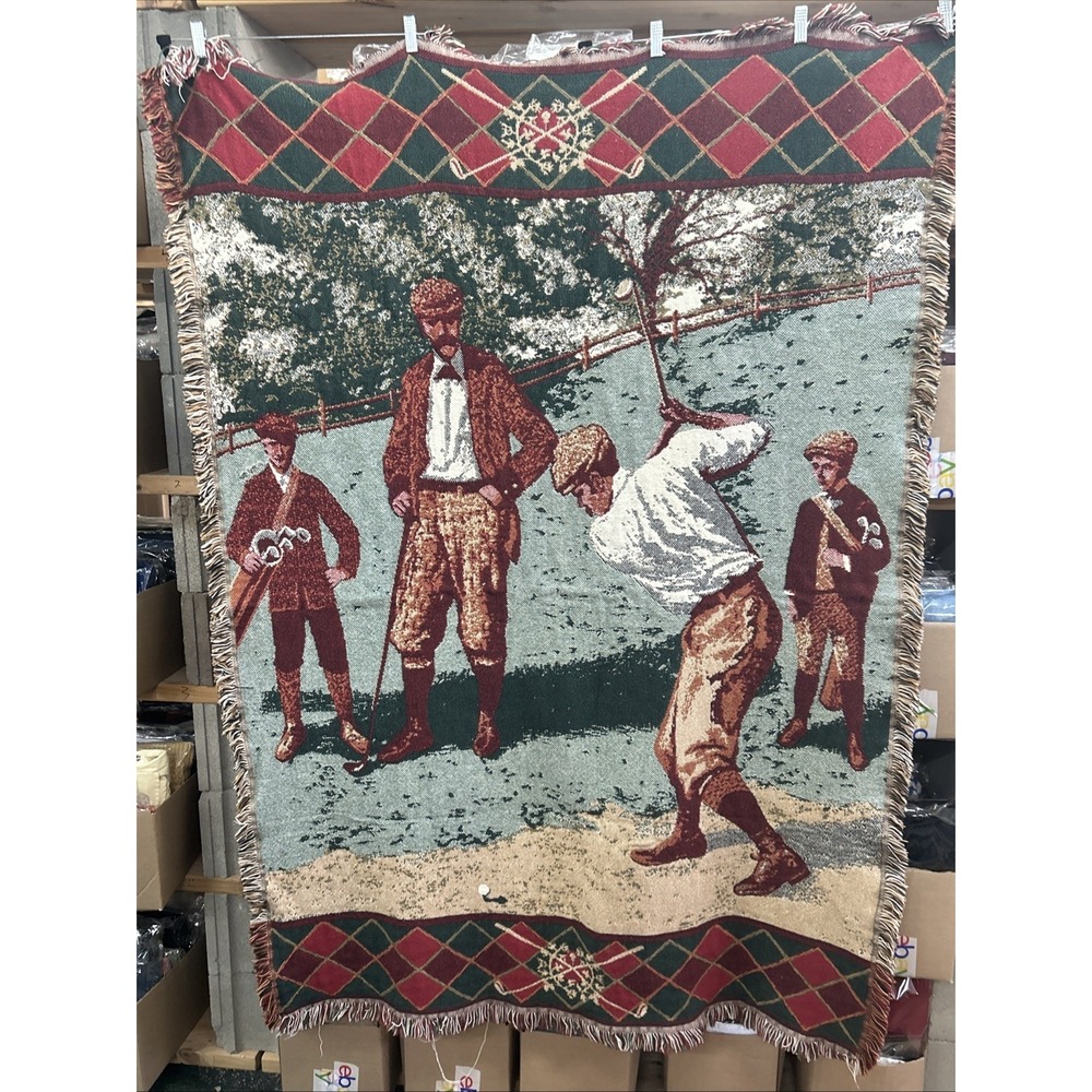 Goodwin Weavers Golfers Throw Blanket Tapestry 100% Cotton‎ Made In USA 68"x48"
